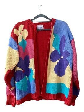 Vintage Windcrest Hand Knit Floral Cardigan Size L Ramie Cotton Colorblock
